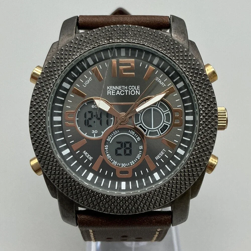 Kenneth Cole Reaction Mens Watch 46mm Analog Digital Cracked Crystal New Battery